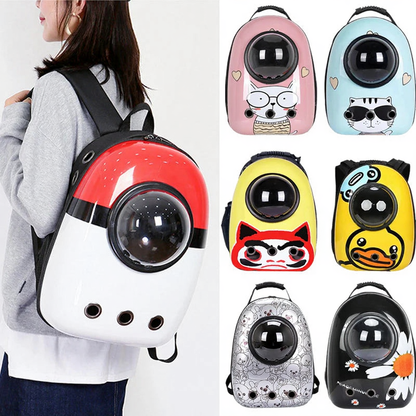 Astronaut Bubble Window Pet Travel Backpack - Image 1|||PROMPT|||Cleaned image. Original analysis: Found 1 brand name text on the bottom right yellow backpack variant