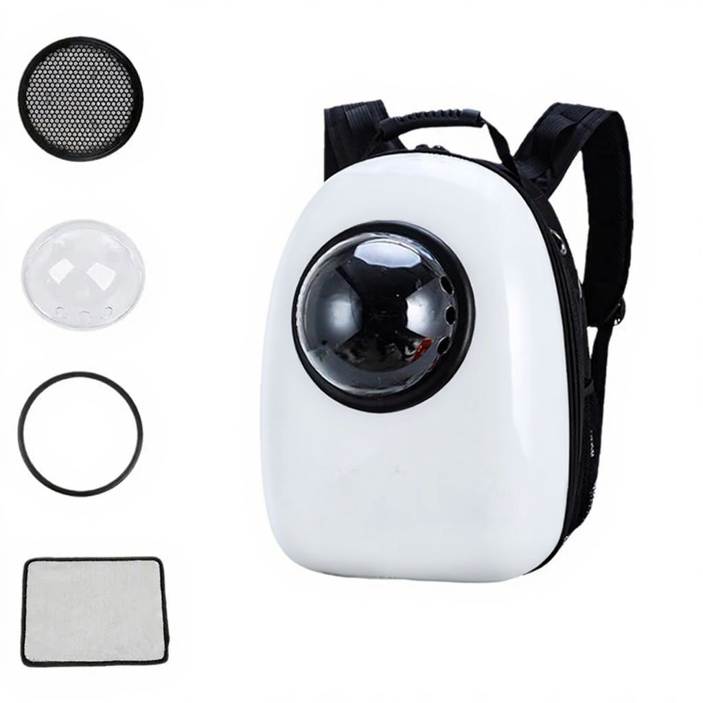 Astronaut Bubble Window Pet Travel Backpack - Image 17|||PROMPT|||Cleaned image. Original analysis: found multiple brand names and London-themed text printed directly on the backpack fabric