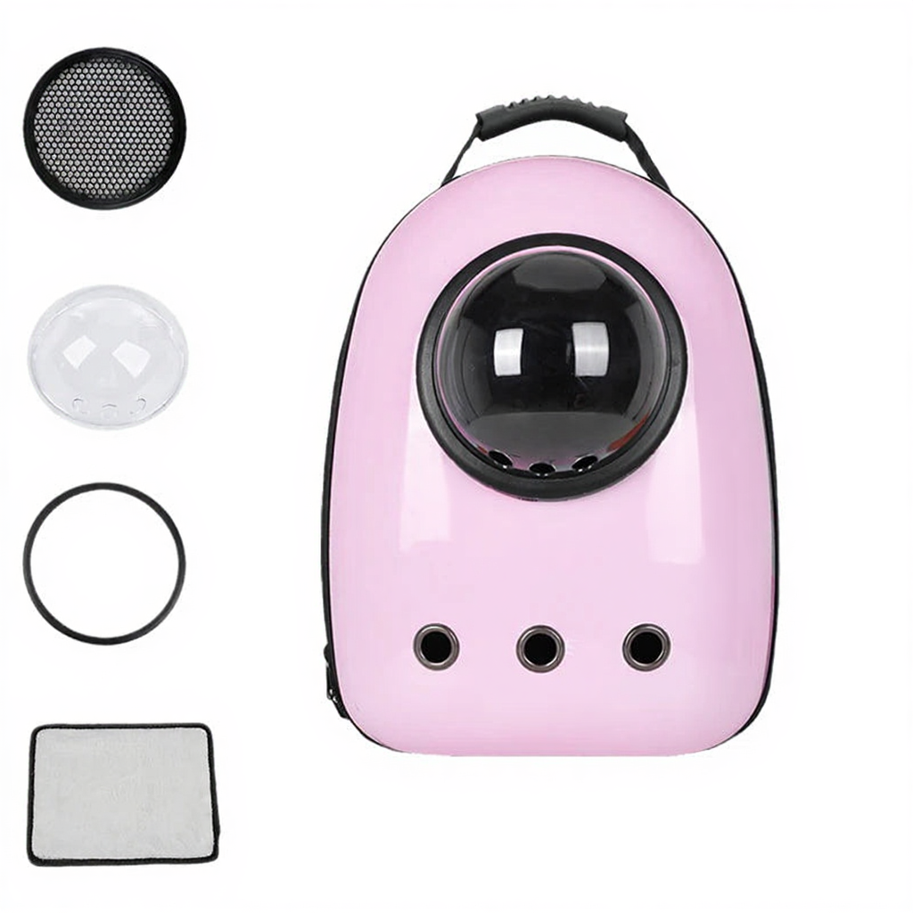 Astronaut Bubble Window Pet Travel Backpack - Image 9|||PROMPT|||Cleaned image. Original analysis: Found brand name 'PETAMI' printed on the pink pet backpack carrier