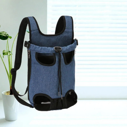 Breathable Pet Carrier Backpack with Mesh Windows - Image 3|||PROMPT|||Cleaned image. Original analysis: Found 1 brand logo/emblem on the main denim backpack carrier. The logo appears as a small circular or embossed mark on the front of the product.