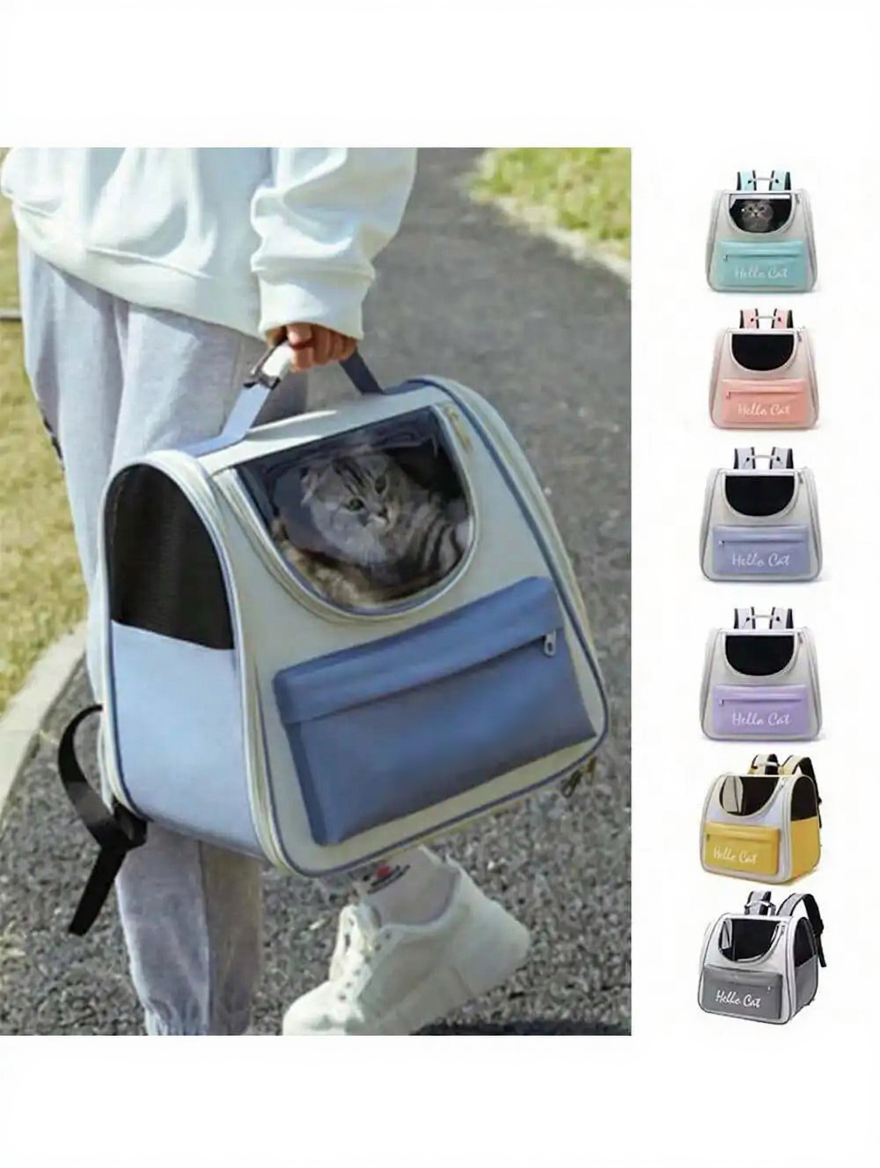 Bubble Window Pet Backpack Carrier - Image 5|||PROMPT|||Cleaned image. Original analysis: Found brand name 'Hello Cat' printed on the pet carrier backpack in the main product image and repeated on all 6 color variant options shown on the right side