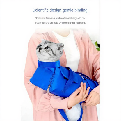 Cat Grooming Restraint Bag for Vet Visits - Image 3|||PROMPT|||Cleaned image. Original analysis: Found text overlay 'CAT' on the shirt worn by the person holding the product, which appears to be part of a branded graphic design on the clothing item.