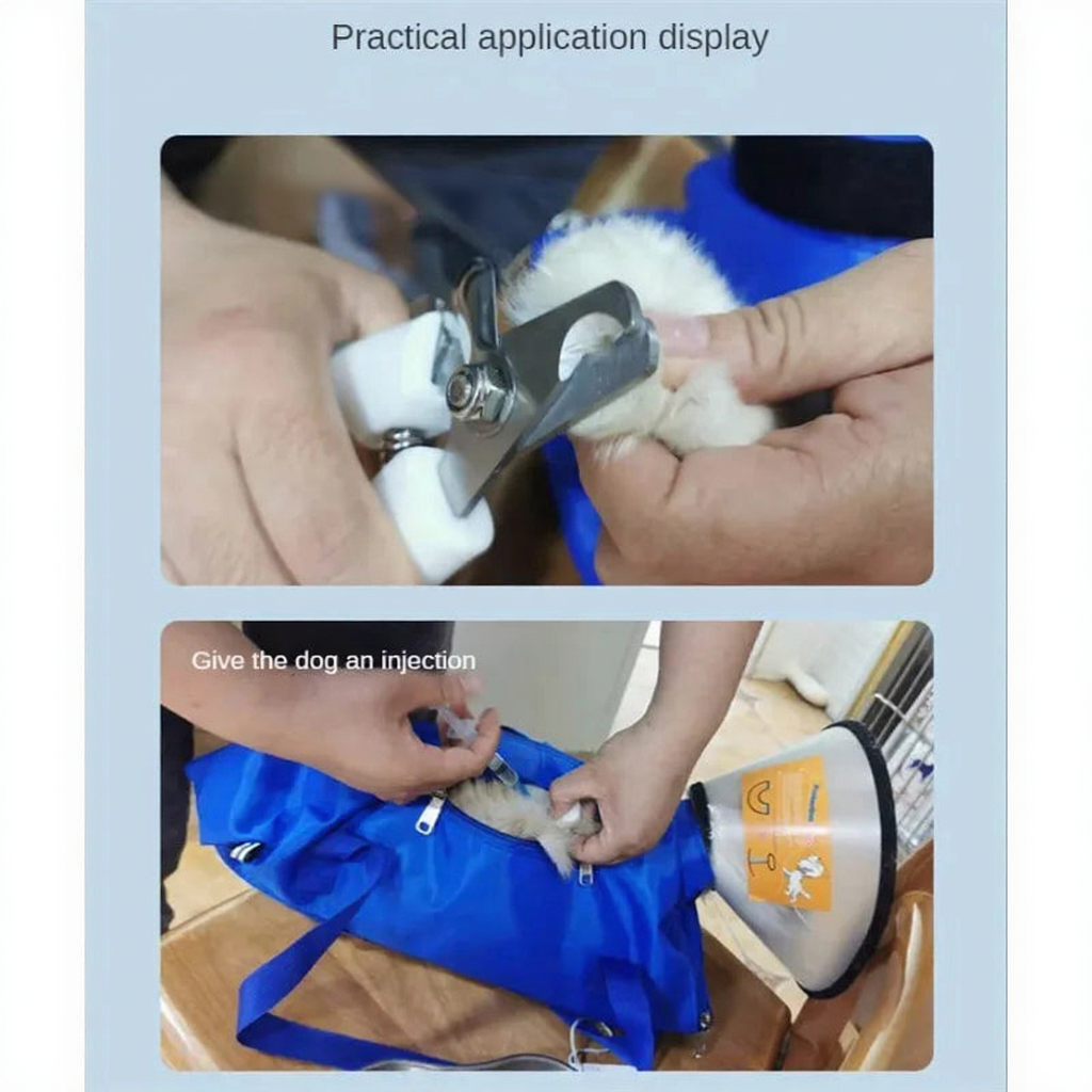 Cat Grooming Restraint Bag for Vet Visits - Image 4|||PROMPT|||Cleaned image. Original analysis: Found branding on the blue pet carrier/bag in the bottom image - there is a visible logo/emblem on the carrier fabric