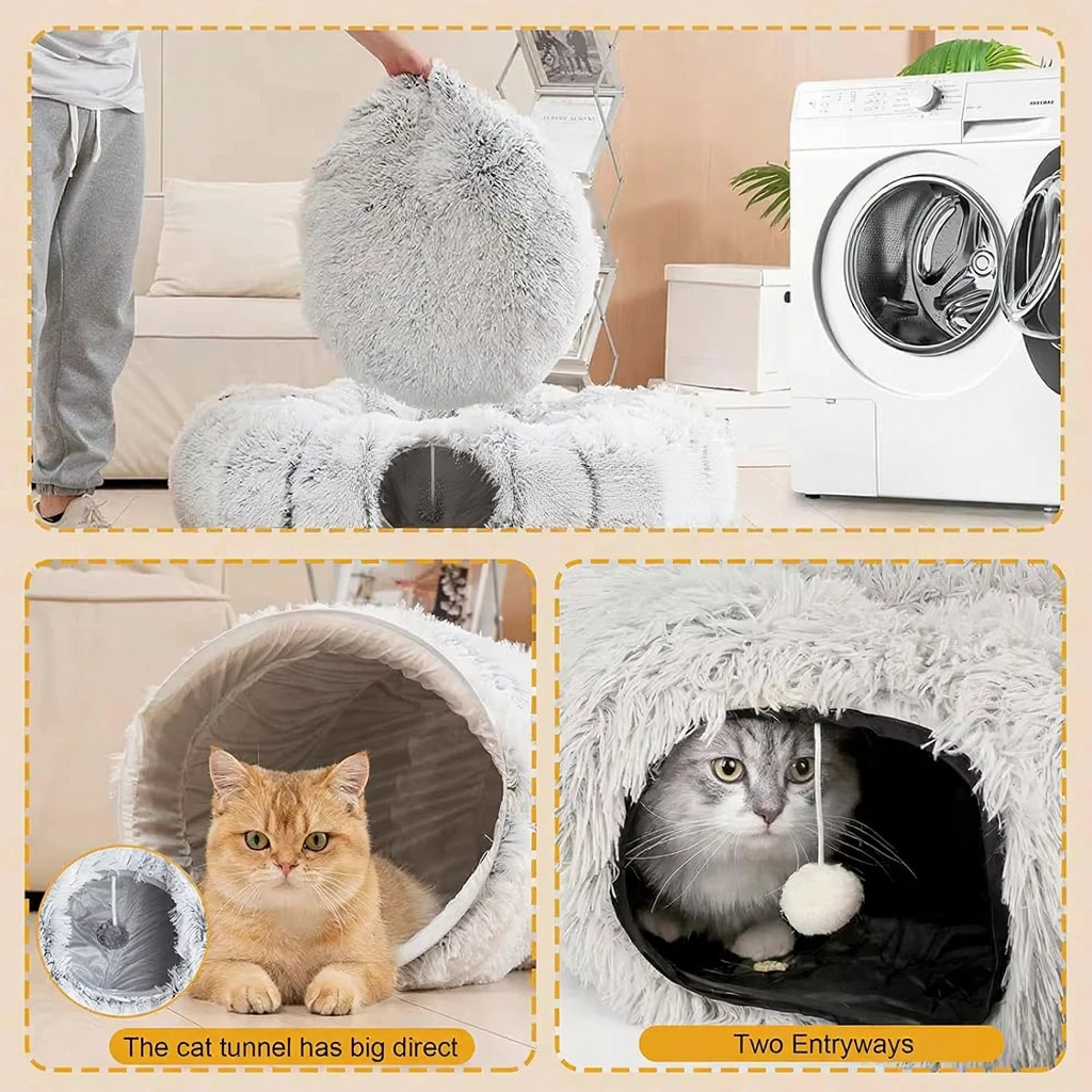 Catvera 2-in-1 Plush Tunnel Bed - Image 3|||PROMPT|||Cleaned image. Original analysis: Found 2 brand names printed on the products: 'G-SOPIN' visible on washing machine boxes in the top image, and 'G-sopin' text on product boxes in the lower left image