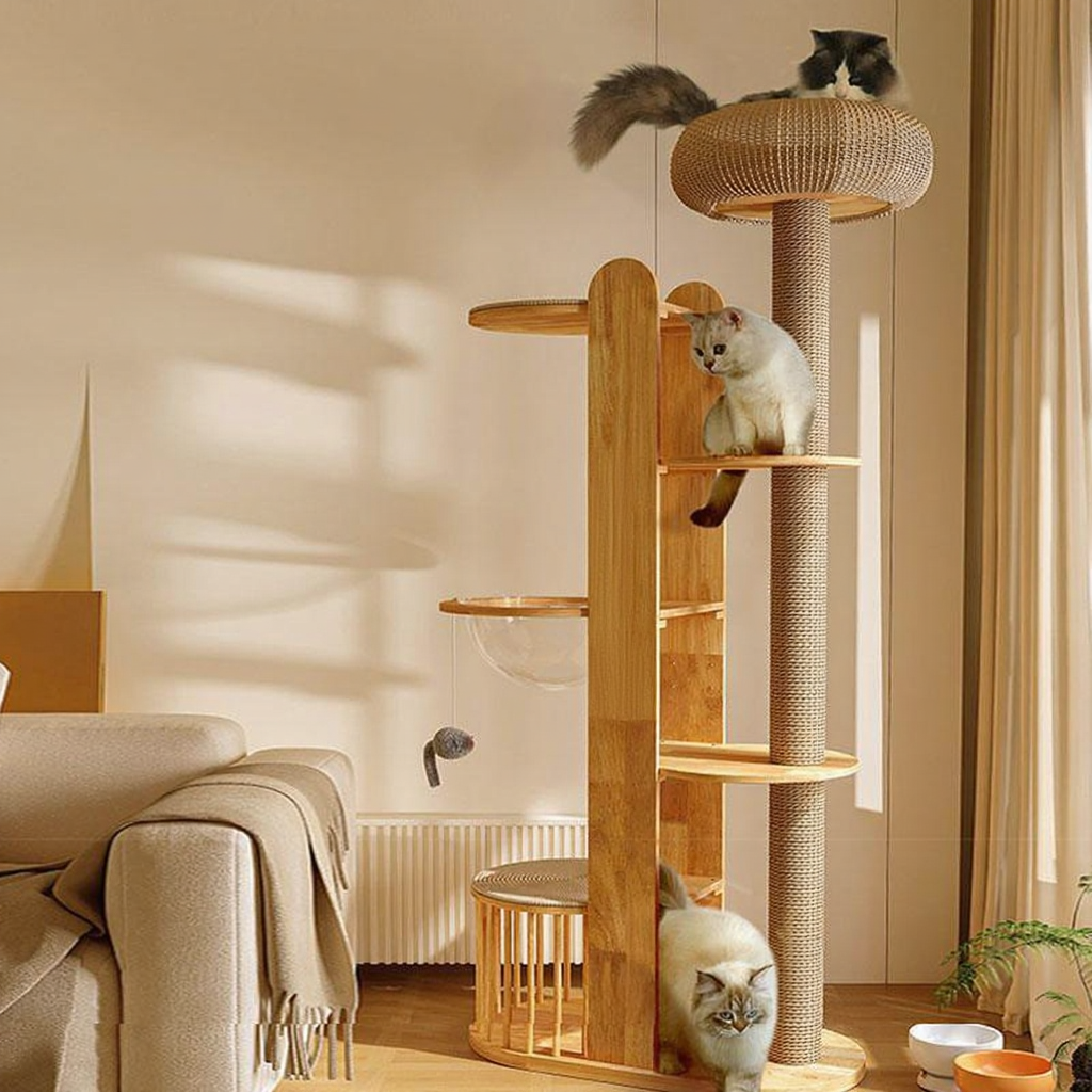 Catvera Capsule Wood Cat Tree - Image 8|||PROMPT|||Original clean product image