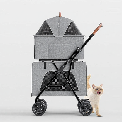 Catvera Detachable Double Cat Stroller Carrier - Image 4|||PROMPT|||Cleaned image. Original analysis: Found 2 brand names: 'MEWCATS' watermark text in top left corner, and 'bello' brand name printed on the top canopy of the stroller product itself