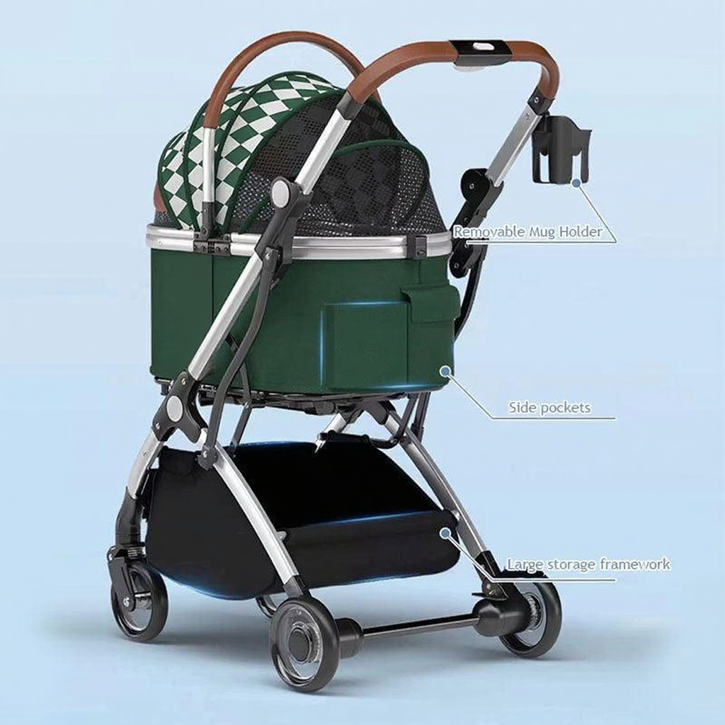 Catvera Detachable Rolling Pet Stroller - Image 12|||PROMPT|||Cleaned image. Original analysis: found brand name 'BELLO' printed directly on the green stroller carrier, kept informational text overlays