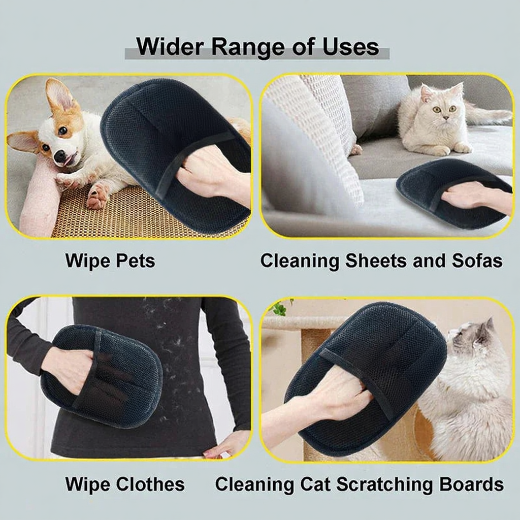 Catvera Electrostatic Pet Hair Removal Gloves - Image 6|||PROMPT|||Cleaned image. Original analysis: Found 1 brand name/logo on the product itself - yellow branding visible on the black cleaning tool in all four product images