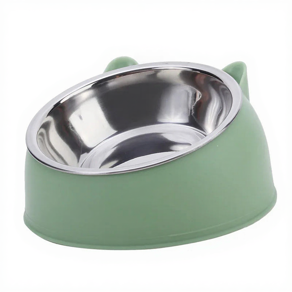 Catvera Elevated Cat Feeding Bowl - Image 1|||PROMPT|||Cleaned image. Original analysis: found embossed/printed brand name on the green exterior surface of the pet bowl