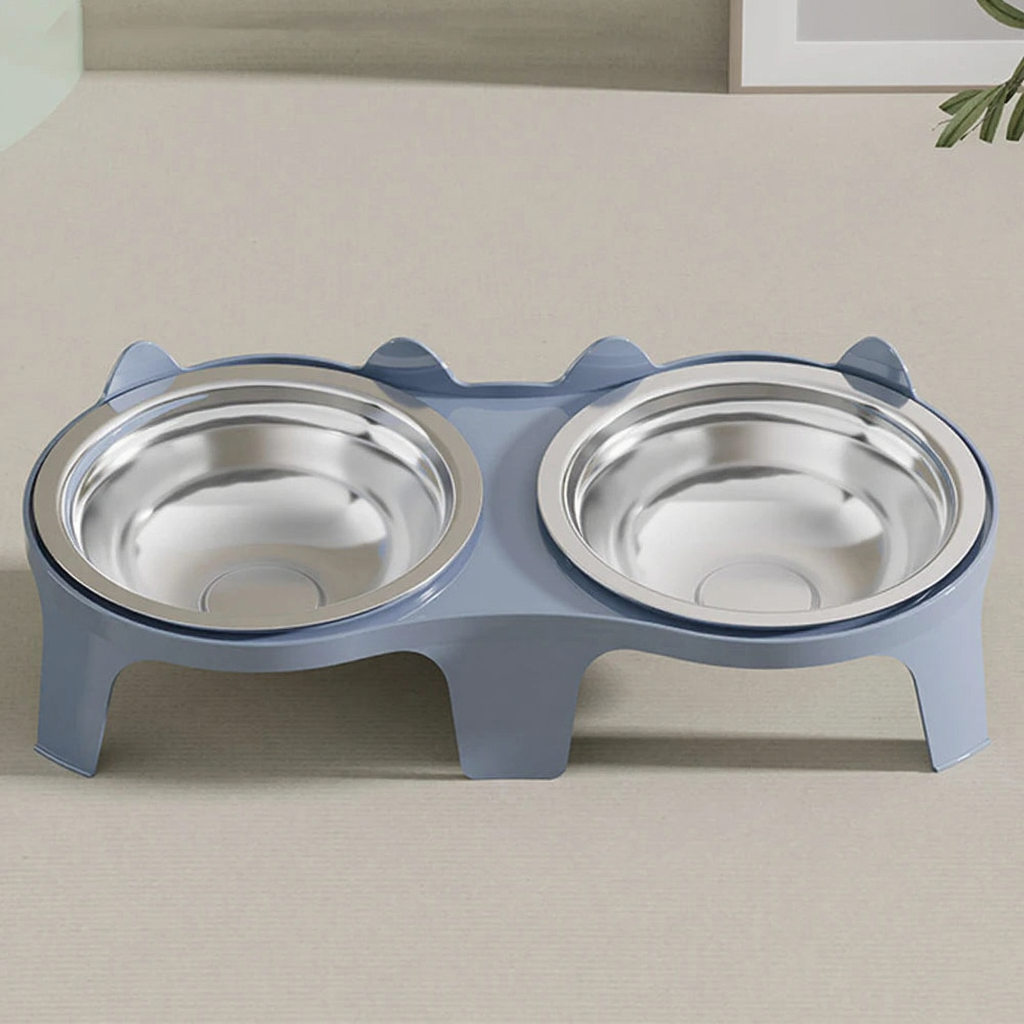 Catvera Elevated Double Bowl Feeder - Image 8|||PROMPT|||Cleaned image. Original analysis: found 1 paw print logo/watermark on the blue plastic base of the pet feeder