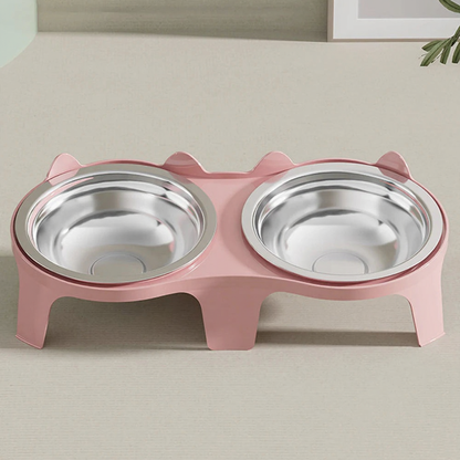 Catvera Elevated Double Bowl Feeder - Image 9|||PROMPT|||Cleaned image. Original analysis: Found 1 small paw print logo/branding on the pink product base