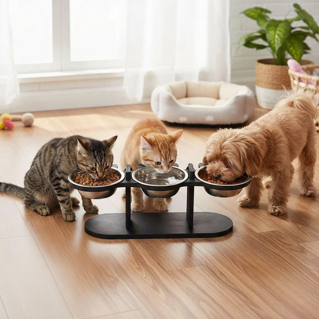 Catvera Elevated Triple Bowl Feeding Station - Image 6|||PROMPT|||Cleaned image. Original analysis: Found paw print logos/branding on the black feeding stand base (visible as white paw prints on each section of the platform)