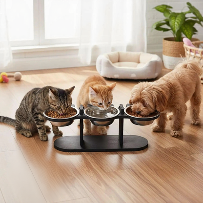 Catvera Elevated Triple Bowl Feeding Station - Image 6|||PROMPT|||Cleaned image. Original analysis: Found paw print logos/branding on the black feeding stand base (visible as white paw prints on each section of the platform)