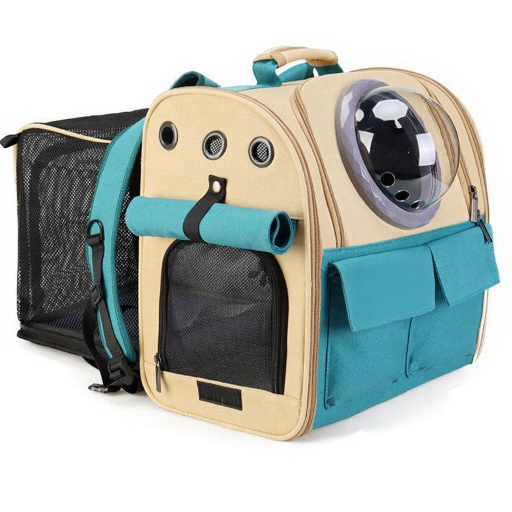 Catvera Expandable Canvas Cat Carrier Backpack - Image 10|||PROMPT|||Cleaned image. Original analysis: found 1 brand name stitched/printed on the product - 'Space Cat' text/logo visible on the turquoise fabric pocket on the front of the backpack