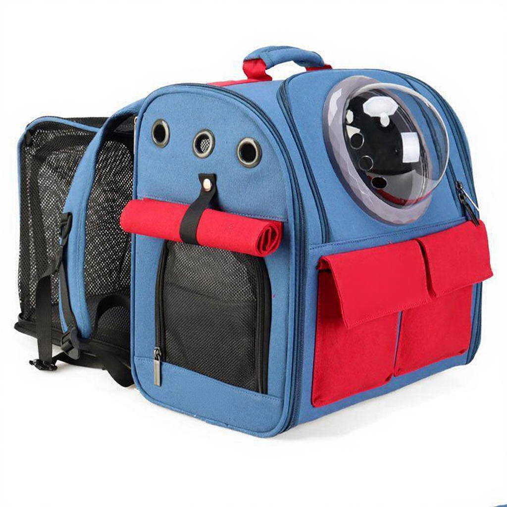 Catvera Expandable Canvas Cat Carrier Backpack - Image 11|||PROMPT|||Cleaned image. Original analysis: found 1 brand name stitched/printed on the red fabric pocket of the backpack