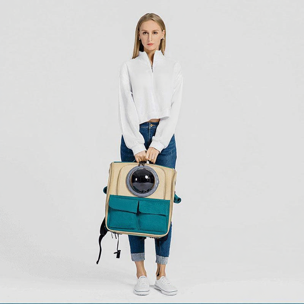 Catvera Expandable Canvas Cat Carrier Backpack - Image 18|||PROMPT|||Cleaned image. Original analysis: Found 2 brand names: NASA logo on the sweatshirt and Spazicat branding on the pet carrier backpack