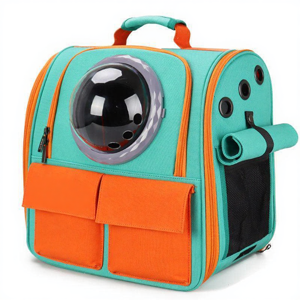 Catvera Expandable Canvas Cat Carrier Backpack - Image 3|||PROMPT|||Cleaned image. Original analysis: Found 1 brand name printed on the product: 'Space Cat' text/logo on the orange front pocket area of the backpack
