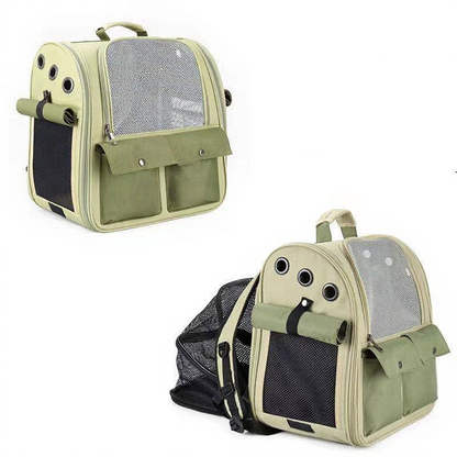 Catvera Expandable Canvas Cat Carrier Backpack - Image 9|||PROMPT|||Cleaned image. Original analysis: Found 1 brand name/logo printed on the product - an orange/red rectangular logo/badge visible on the mesh panel of the backpack in both views