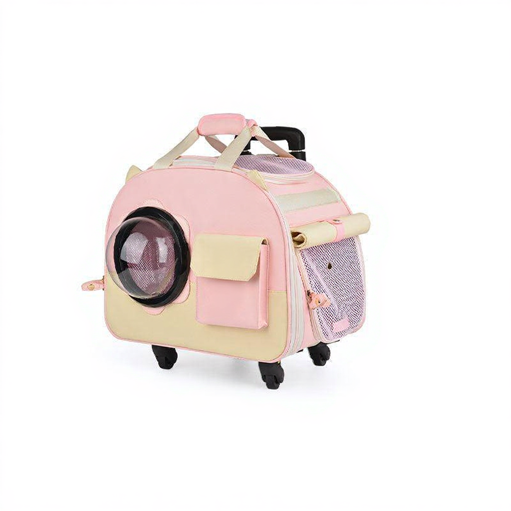 Catvera Foldable Bubble Cat Carrier - Image 5|||PROMPT|||Cleaned image. Original analysis: Found 1 brand logo/emblem on the product - a gold-colored circular emblem/badge visible on the pink side panel of the carrier