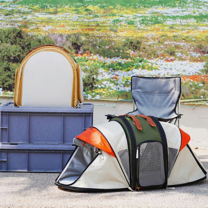 Catvera Foldable Cat Carrier Tent - Image 4|||PROMPT|||Cleaned image. Original analysis: found multiple brand names and logos: 'MEWCATS' text overlay at top, 'Dezöd' text on blue storage box, 'oboö' logo on pet tent/carrier, and 'oboö' branding on the backpack carrier