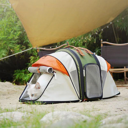 Catvera Foldable Cat Carrier Tent - Image 9|||PROMPT|||Cleaned image. Original analysis: found 1 brand name printed on the pet tent fabric and 1 brand label patch on the side