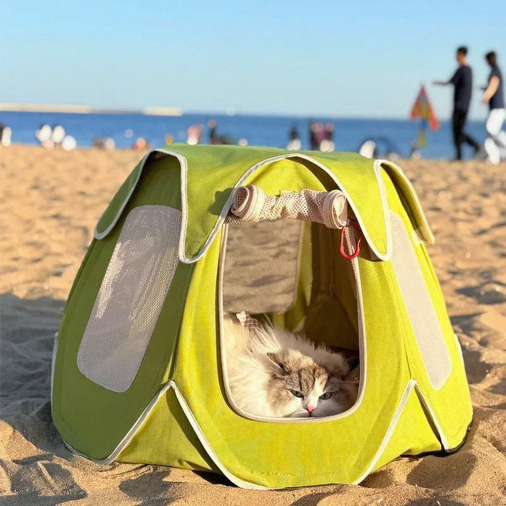 Catvera Foldable Outdoor Cat Tent - Image 8|||PROMPT|||Cleaned image. Original analysis: Found 1 brand name tag visible on the pet tent carrier fabric
