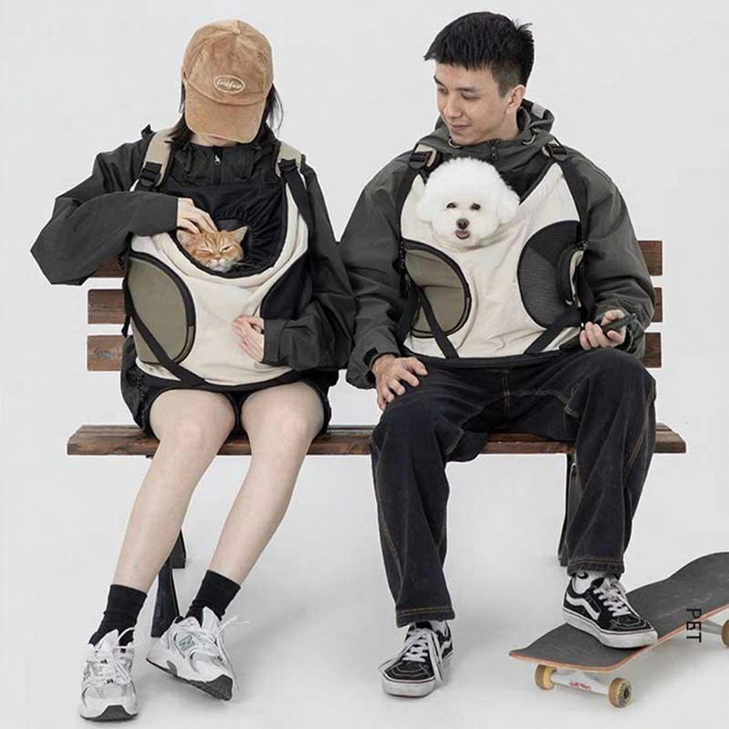 Catvera Front Cat Carrier Backpack - Image 8|||PROMPT|||Cleaned image. Original analysis: Found 1 brand logo on the tan/beige cap worn by the person on the left