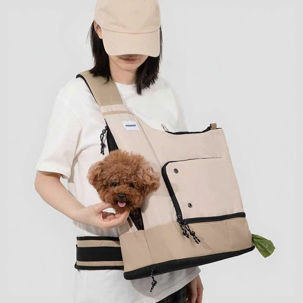 Catvera Front Facing Cat Carrier Backpack - Image 5|||PROMPT|||Cleaned image. Original analysis: Found 3 branding elements: 1) 'always better than over' text on the cream cap, 2) 'POULAR' brand label on the white t-shirt, 3) 'POULAR' branding on the beige/cream backpack carrier