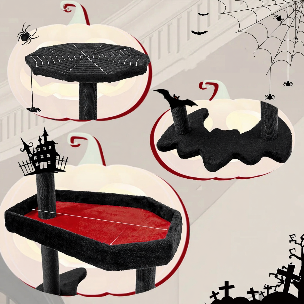 Catvera Gothic Coffin Cat Tree Tower - Image 3|||PROMPT|||Cleaned image. Original analysis: found 4 instances of Chinese text labels and descriptions overlaid on the product images