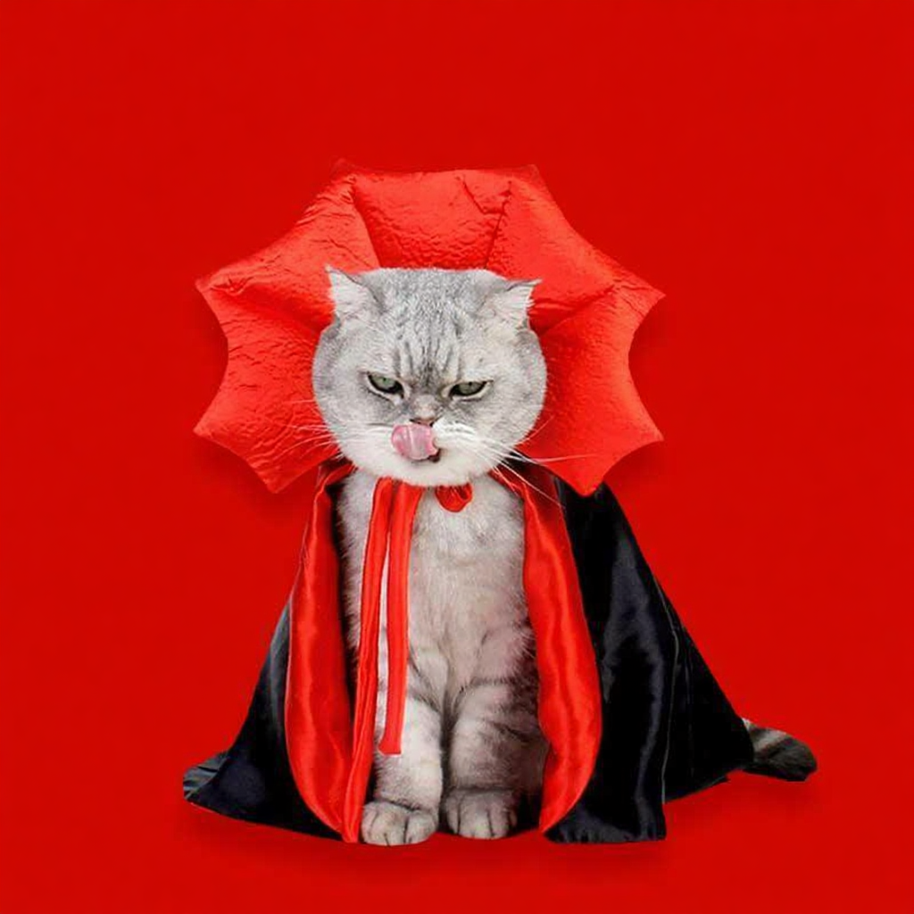 Catvera Halloween Vampire Cat Cape - Image 2|||PROMPT|||Cleaned image. Original analysis: found 1 text watermark 'MEWCATS' in white letters at the top left of the image