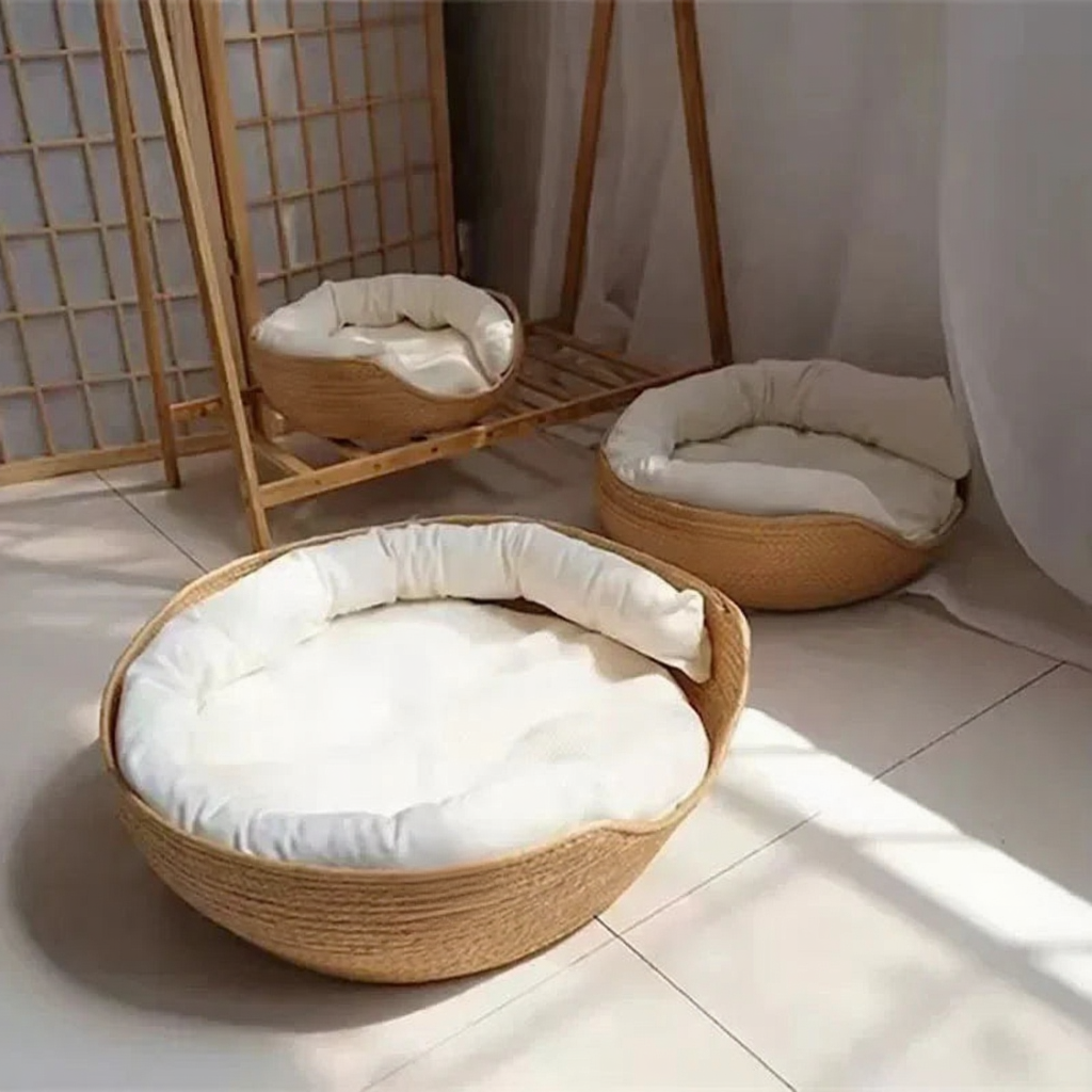 Catvera Hand-Woven Pet Nest Bed - Image 4|||PROMPT|||Cleaned image. Original analysis: Found 1 brand name/logo on the product - a small rectangular label/tag visible on the wooden basket structure
