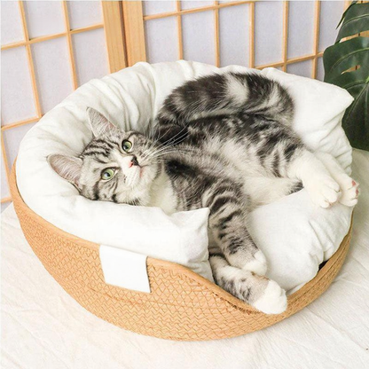 Catvera Handwoven Cooling Cat Bed - Image 4|||PROMPT|||Cleaned image. Original analysis: Found 2 branding elements: 'MEWCATS' text overlay in top left corner, and a red brand label/patch on the bottom right of the pet bed