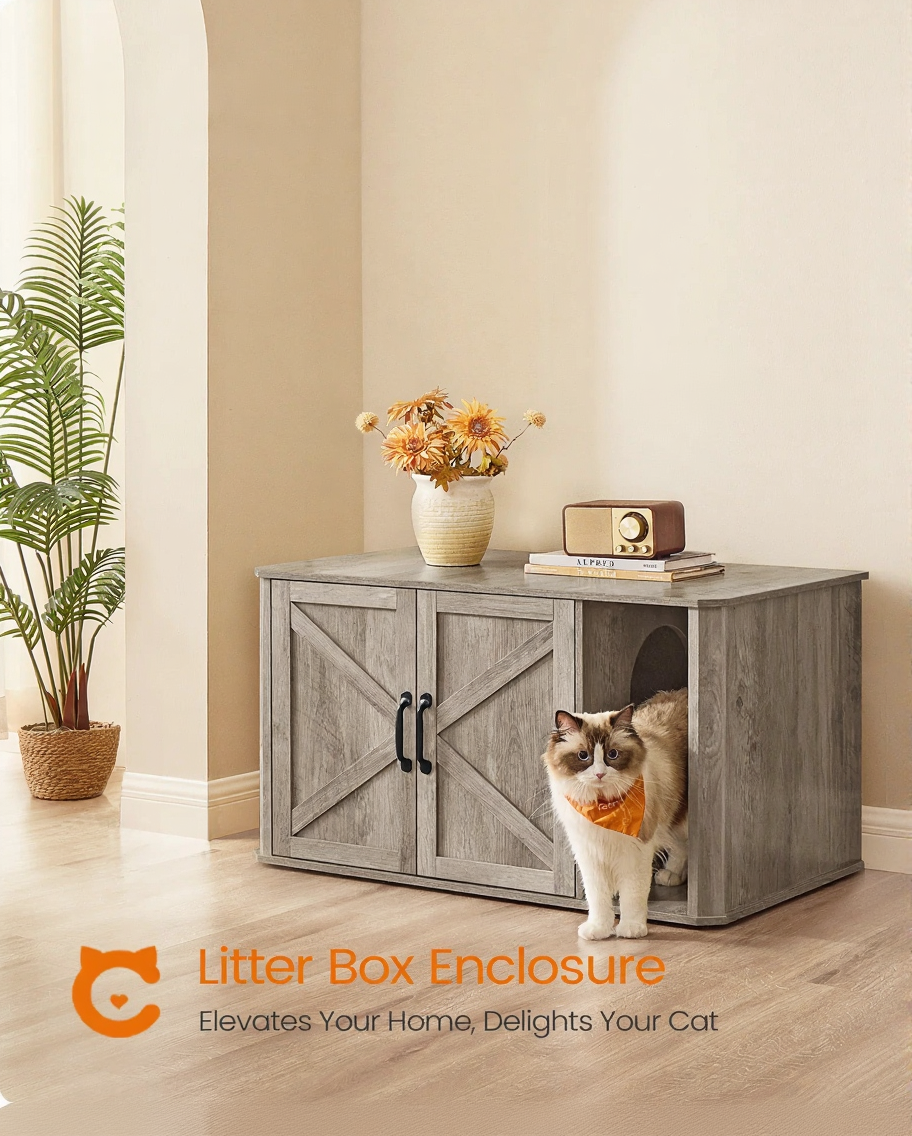 Catvera Hidden Litter Box Cabinet - Image 1|||PROMPT|||Cleaned image. Original analysis: found 3 brand names/logos: 'feandrea' logo at top, 'SONGMICS HOME' text at top, and 'ALFRED' text on book spine on the furniture