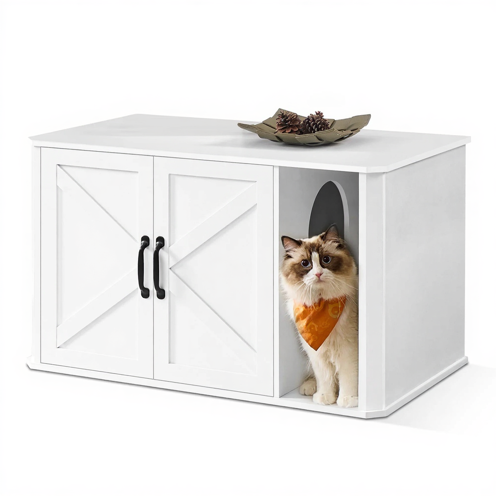 Catvera Hidden Litter Box Cabinet - Image 6|||PROMPT|||Cleaned image. Original analysis: Found 1 brand name on the cat's bandana/collar area