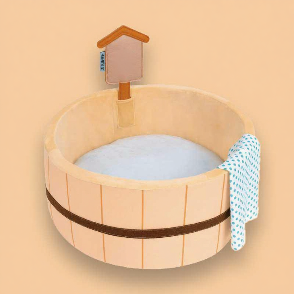 Catvera Japanese Hot Spring Cat Bed - Image 11|||PROMPT|||Cleaned image. Original analysis: Found 2 brand names: Japanese characters (kanji) on the wooden nameplate/sign at the top of the bathtub, and blue text on the towel on the right side