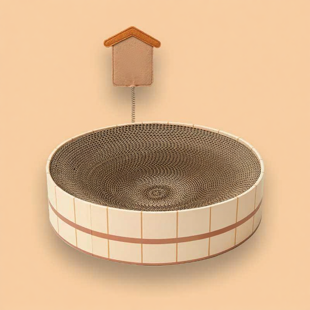 Catvera Japanese Hot Spring Cat Bed - Image 2|||PROMPT|||Cleaned image. Original analysis: found 1 brand name/character mark on the product - Japanese character '揚' (yō) embossed on the wooden house-shaped tag attached to the cat scratcher