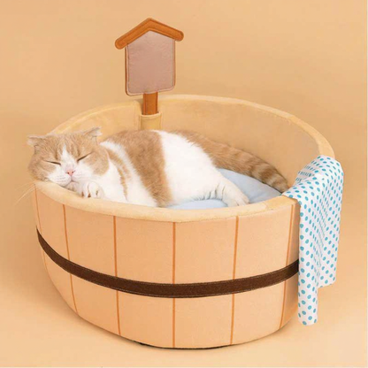 Catvera Japanese Hot Spring Cat Bed - Image 5|||PROMPT|||Cleaned image. Original analysis: Found 1 brand name on the wooden sign/roof of the cat bath product. The sign displays Chinese characters (揚) which appears to be a brand marking on the product itself.