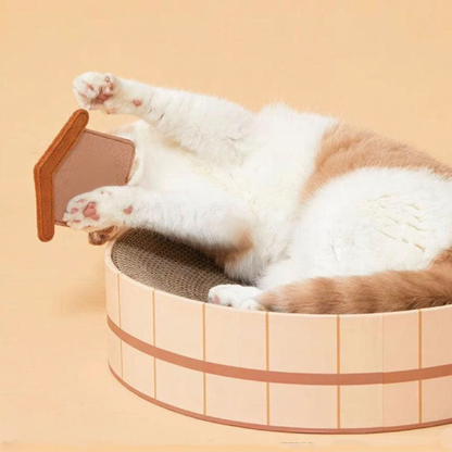 Catvera Japanese Hot Spring Cat Bed - Image 9|||PROMPT|||Cleaned image. Original analysis: Found 1 brand name embossed/printed on the wooden product (appears to be on the wooden scraper/toy item on the left side)