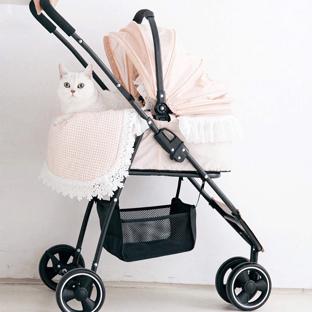 Catvera Lace Pet Stroller Mat - Image 7|||PROMPT|||Cleaned image. Original analysis: Found 1 brand name printed directly on the product - 'BOSIMAO' text visible on the pink/peach colored carrier fabric on the left side of the stroller