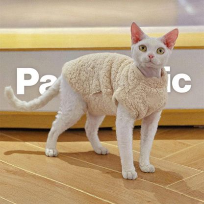 Catvera Lambswool Hairless Cat Sweater - Image 1|||PROMPT|||Cleaned image. Original analysis: Found 1 brand name watermark and 1 partial brand name visible in background signage