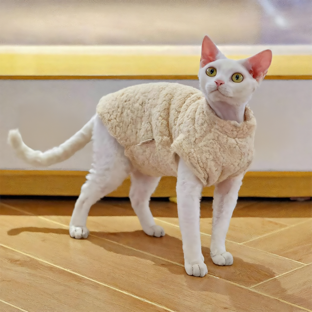 Catvera Lambswool Hairless Cat Sweater - Image 3|||PROMPT|||Cleaned image. Original analysis: Found partial text watermark/logo in the background. There is text visible on the wall/backdrop behind the cat that appears to be a brand name or company logo (partially visible as 'Pa' and 'ic' with what appears to be a company name between them).