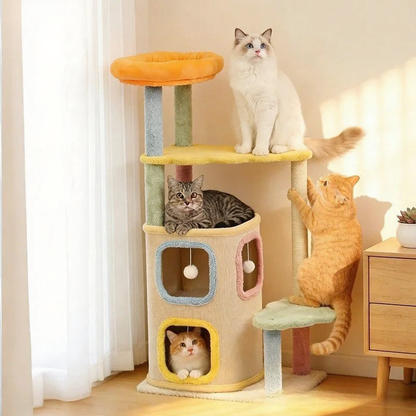 Catvera Macaron Multi-Level Cat Tree - Image 1|||PROMPT|||Cleaned image. Original analysis: Found brand name and descriptive text on the left side of the image