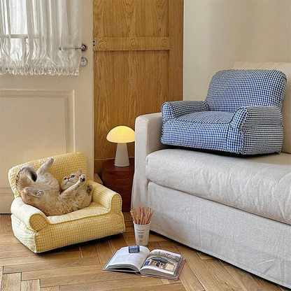 Catvera Miniature Armchair Cat Sofa Bed - Image 15|||PROMPT|||Cleaned image. Original analysis: Found 3 instances of brand name 'COOGO' stitched/embossed directly on products: on the yellow gingham pet bed, on the blue gingham cushion/pillow, and on the beige sofa