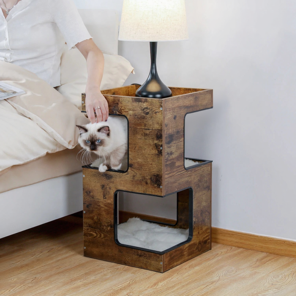 Catvera Modern Wood Cat Tree - Image 1|||PROMPT|||Cleaned image. Original analysis: Found 1 watermark logo and 1 brand name text overlay in the image