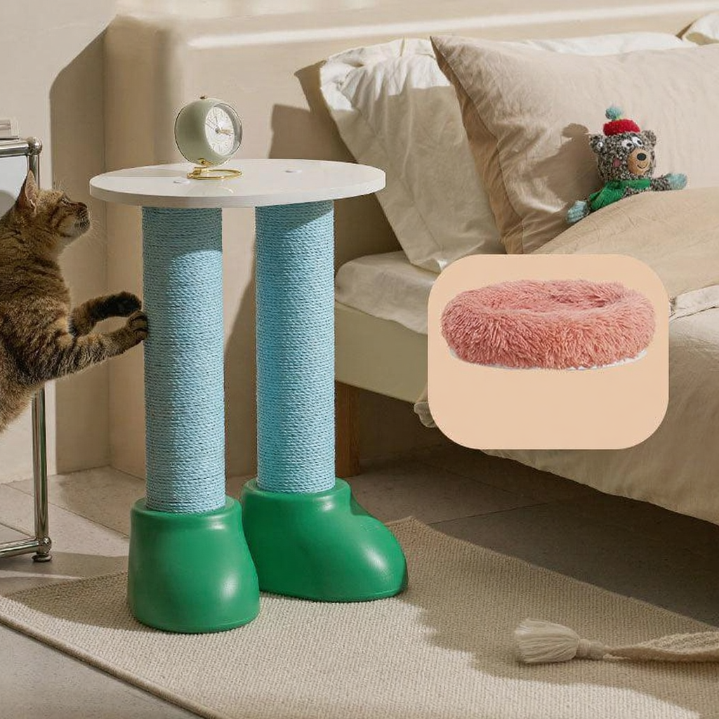 Catvera Multi-Function Cat Scratching Bed - Image 2|||PROMPT|||Cleaned image. Original analysis: Found 1 brand name embossed/printed on the green base of the cat furniture product