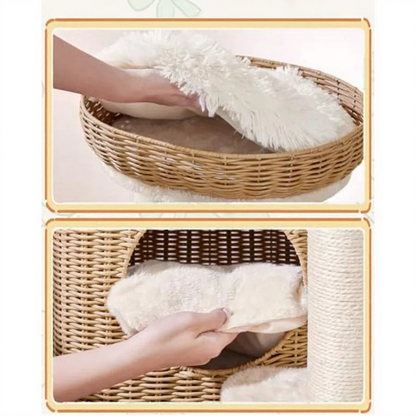 Catvera Multi-Level Rattan Cat Tree - Image 3|||PROMPT|||Cleaned image. Original analysis: Found one text overlay at the top of the image: 'Removable-&-Washable' with decorative leaf elements