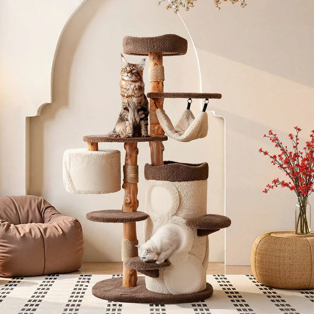 Catvera Multi-Level Wooden Cat Tree - Image 5|||PROMPT|||Cleaned image. Original analysis: found 1 text watermark in top left corner containing brand name