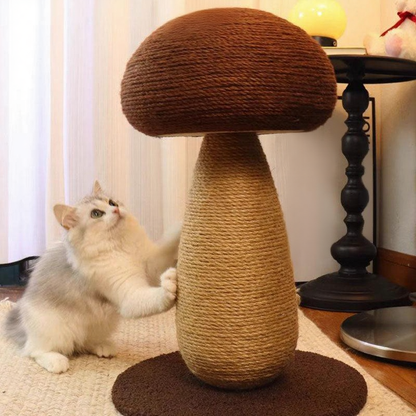 Catvera Mushroom Cat Scratching Tree - Image 5|||PROMPT|||Cleaned image. Original analysis: Found text/branding visible on a poster or document in the background of the image. The poster appears to have handwritten text and possibly brand/company information on it.