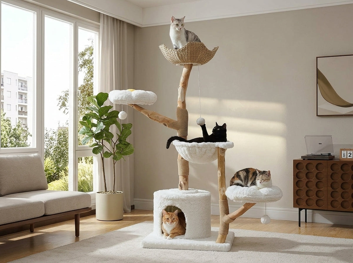 Catvera Natural Wood Flower Cat Tree - Space-Saving Vertical Paradise