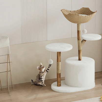 Catvera Natural Wood Multi-Level Cat Tree - Image 2|||PROMPT|||Cleaned image. Original analysis: Found 1 watermark/logo at the bottom center of the image - a paw print icon in an orange/brown circle